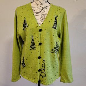 Studio Joy Olive Green Christmas Sweater with Black Beading, size Large